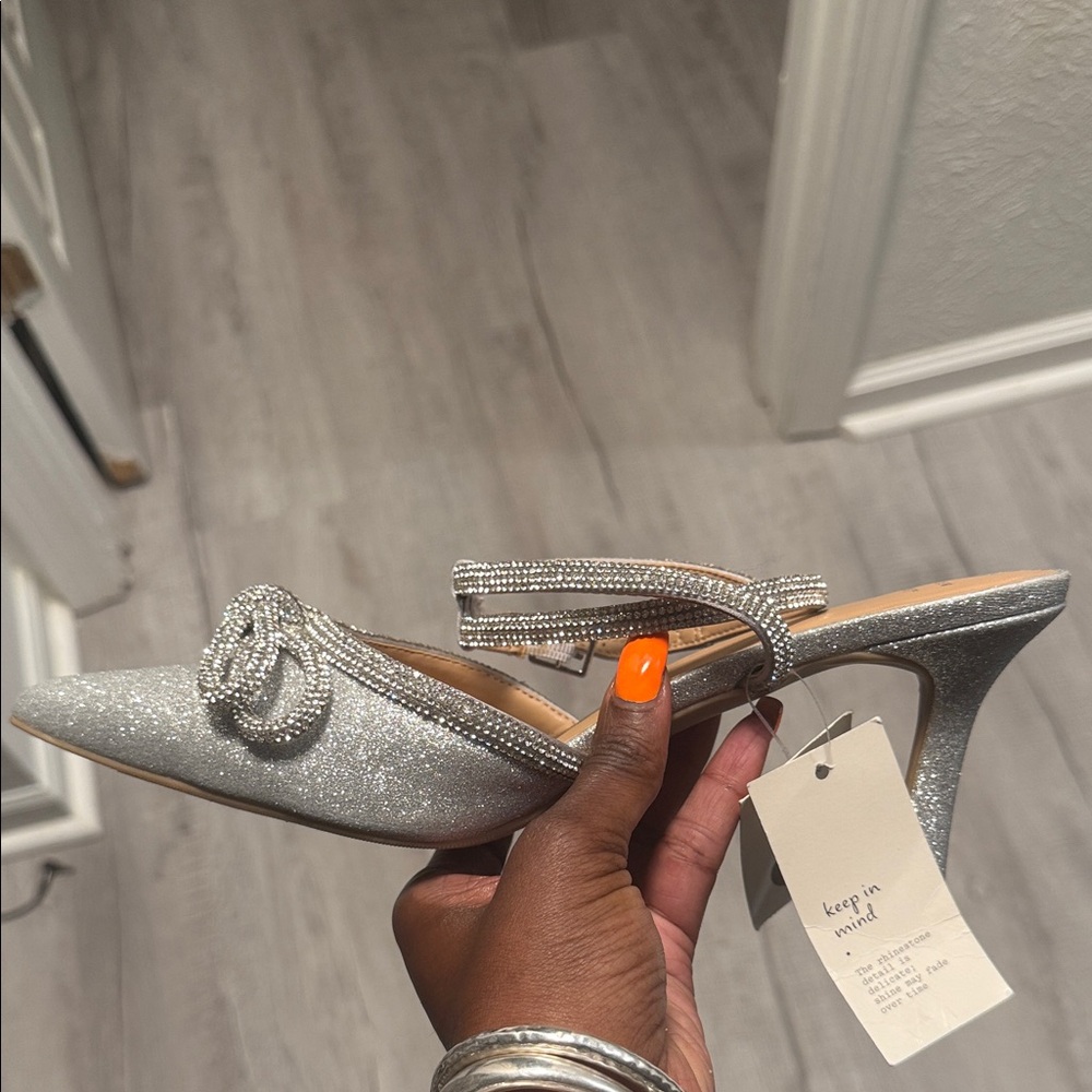 Sparkling Silver Heels with Bow Accent
